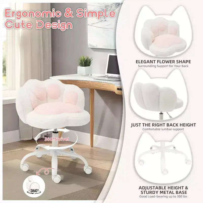 Sedia da scrivania in tessuto Teddy felpato con zampa di gatto, girevole a 360°, altezza regolabile, colore nero/bianco