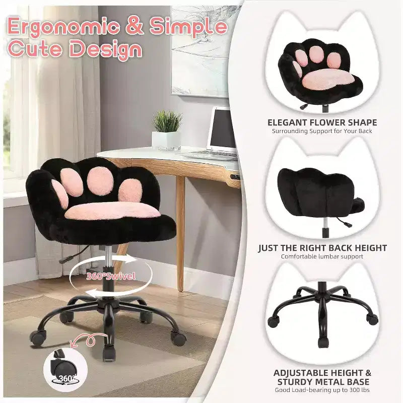 Sedia da scrivania in tessuto Teddy felpato con zampa di gatto, girevole a 360°, altezza regolabile, colore nero/bianco