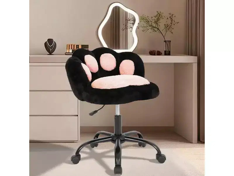 Cat Paw Vanity Chair with 360 Swivel, Plush Teddy Fabric Adjustable Height Office Chair for Desk, Black/White