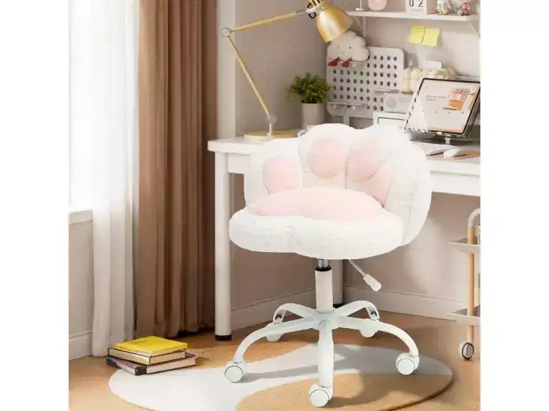 Sedia da scrivania in tessuto Teddy felpato con zampa di gatto, girevole a 360°, altezza regolabile, colore nero/bianco