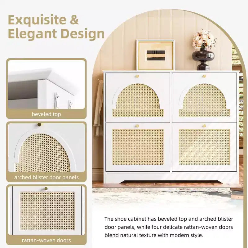 Scarpiera sottile con cassetti a ribalta e 4 ante in rattan, elegante organizer per scarpe da ingresso