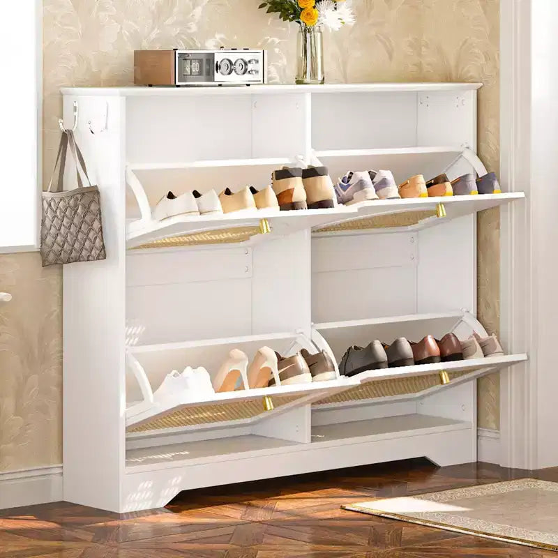 Scarpiera sottile con cassetti a ribalta e 4 ante in rattan, elegante organizer per scarpe da ingresso