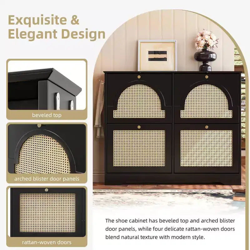 Scarpiera sottile con cassetti a ribalta e 4 ante in rattan, elegante organizer per scarpe da ingresso