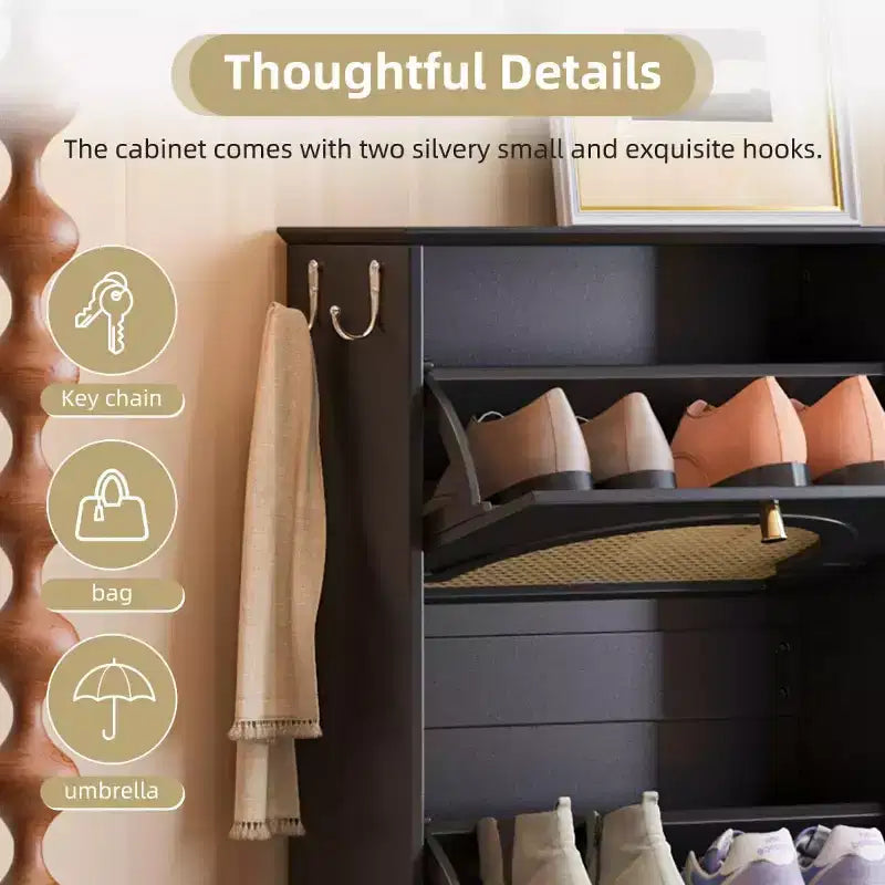 Scarpiera sottile con cassetti a ribalta e 4 ante in rattan, elegante organizer per scarpe da ingresso