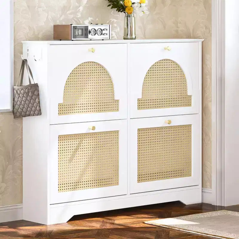 Scarpiera sottile con cassetti a ribalta e 4 ante in rattan, elegante organizer per scarpe da ingresso