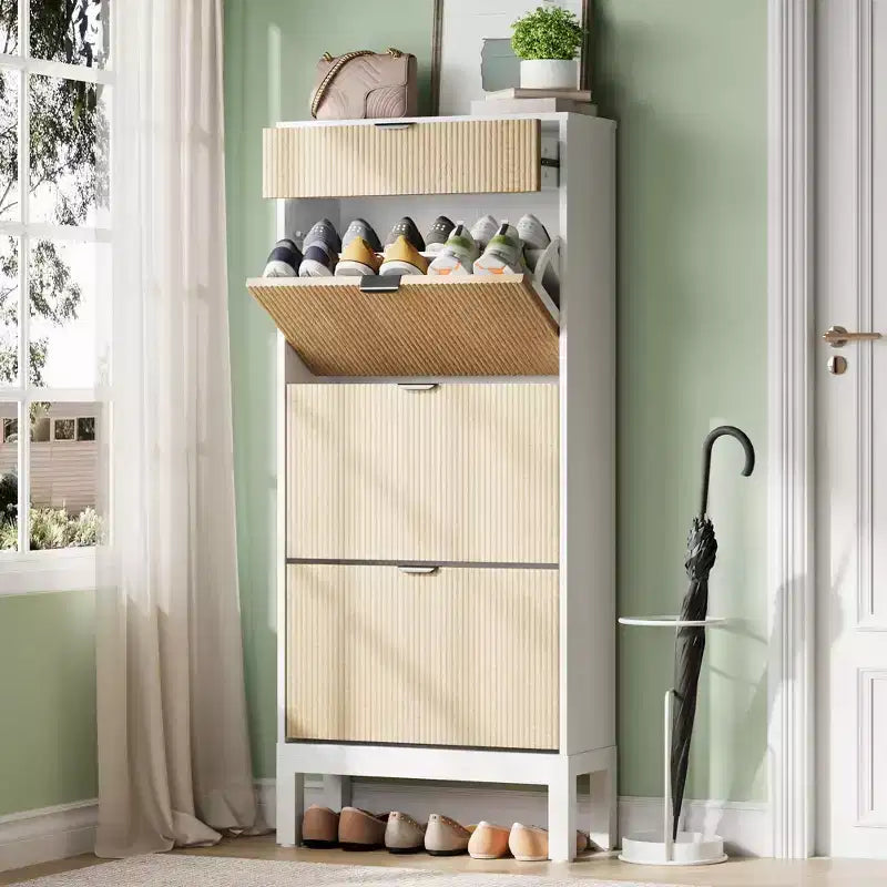 Scarpiera scanalata con 3 ante a ribalta e 1 cassetto, organizer per scarpe in legno autoportante nascosto con ripiani regolabili
