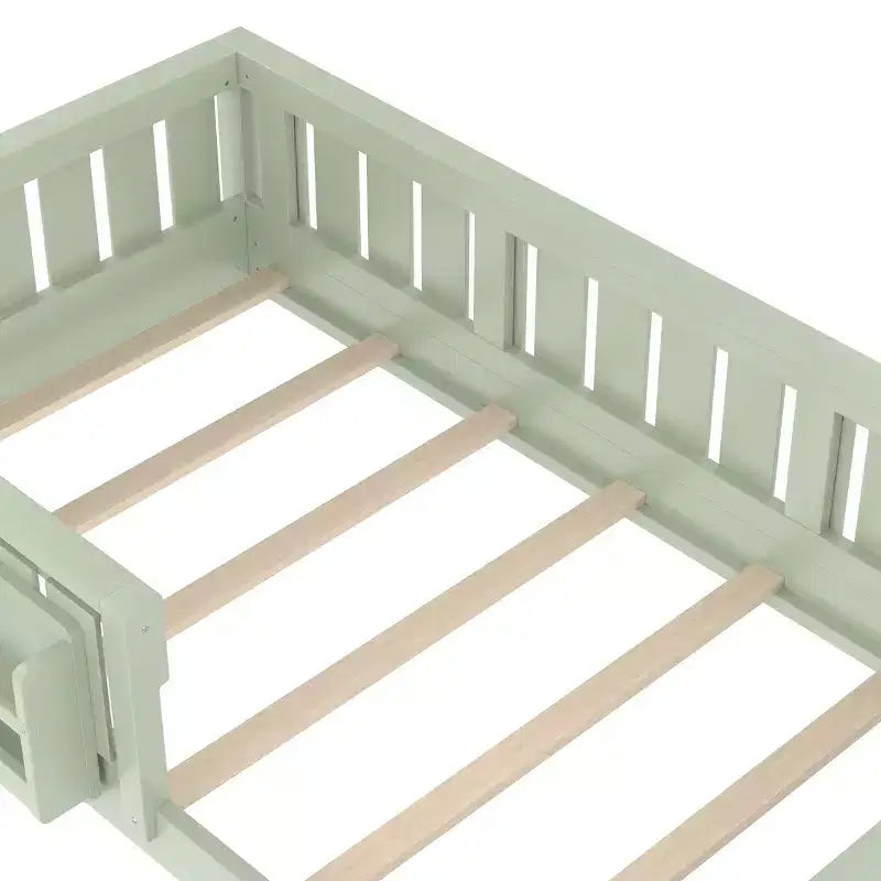 Bellemave Letto a terra singolo con libreria integrata e spondina di sicurezza, struttura del letto in legno di pino per bambini, non necessita di rete, verde avocado