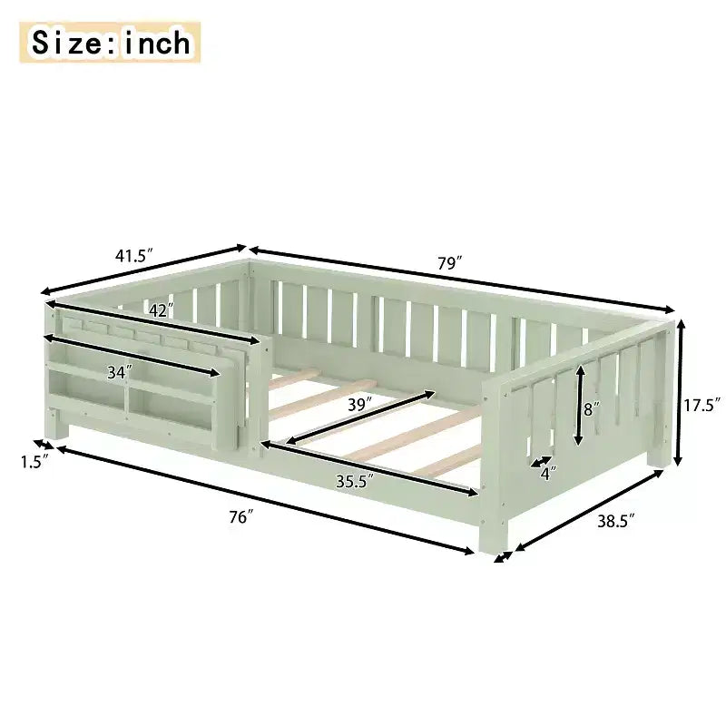 Bellemave Letto a terra singolo con libreria integrata e spondina di sicurezza, struttura del letto in legno di pino per bambini, non necessita di rete, verde avocado