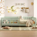 Bellemave Letto a terra singolo con libreria integrata e spondina di sicurezza, struttura del letto in legno di pino per bambini, non necessita di rete, verde avocado