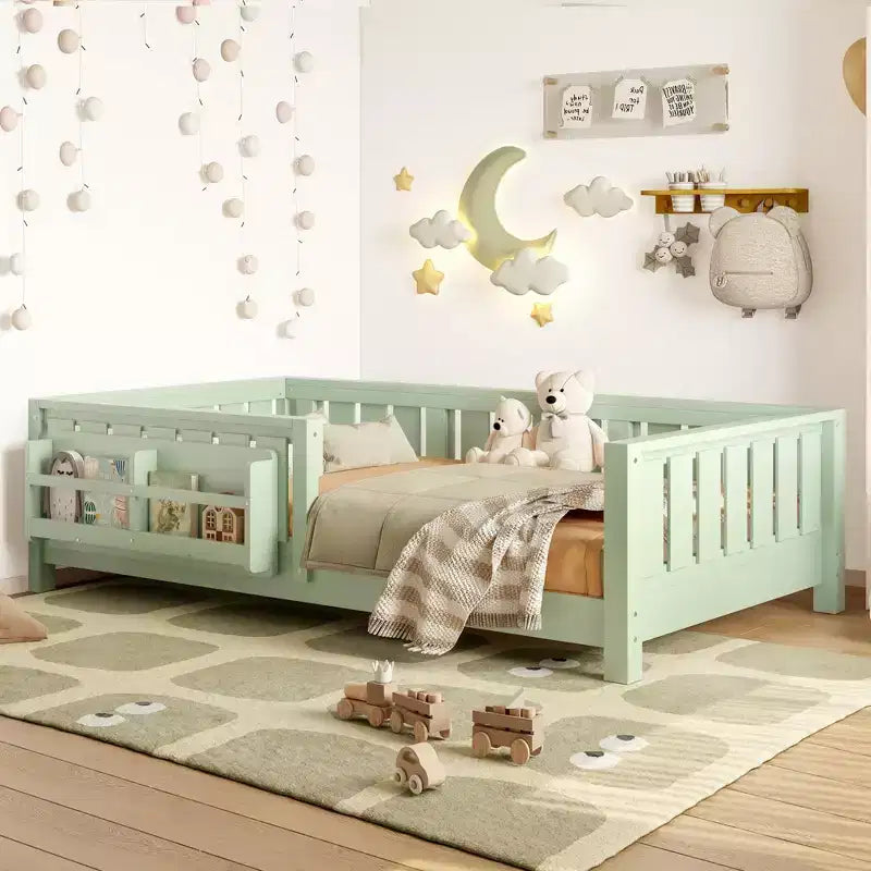 Bellemave Letto a terra singolo con libreria integrata e spondina di sicurezza, struttura del letto in legno di pino per bambini, non necessita di rete, verde avocado