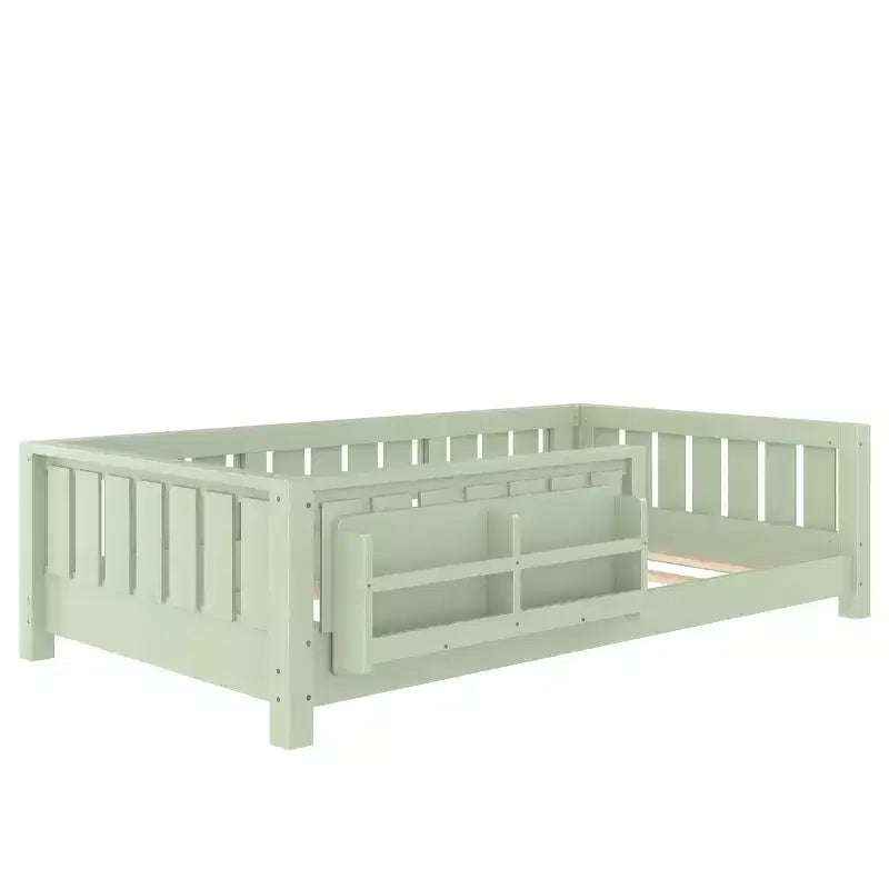 Bellemave Letto a terra singolo con libreria integrata e spondina di sicurezza, struttura del letto in legno di pino per bambini, non necessita di rete, verde avocado