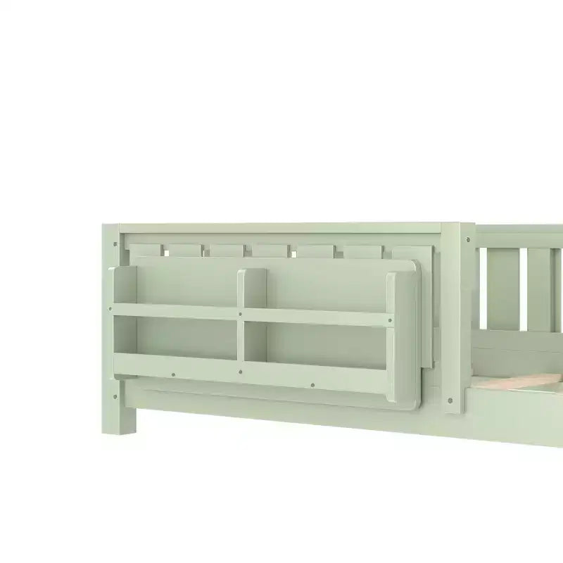 Bellemave Letto a terra singolo con libreria integrata e spondina di sicurezza, struttura del letto in legno di pino per bambini, non necessita di rete, verde avocado
