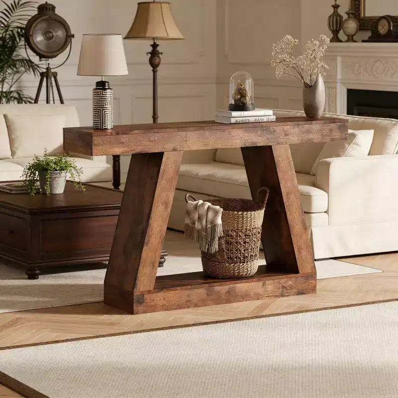 Wooden 2-Tier Sofa Table with Open Storage Shelves for Hallway, Porch, Corridor