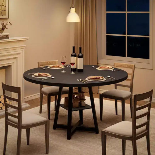47 Round Dining Table for 4-6 - Metal Pedestal Base with Storage - Space-Saving Industrial Kitchen & Dining Room Table