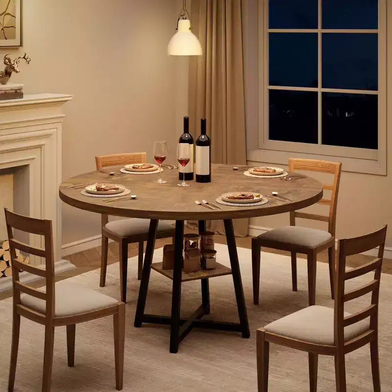 Tavolo da pranzo rotondo da 47" per 4-6 persone - Base a piedistallo in metallo con contenitore - Tavolo da pranzo e da cucina industriale salvaspazio