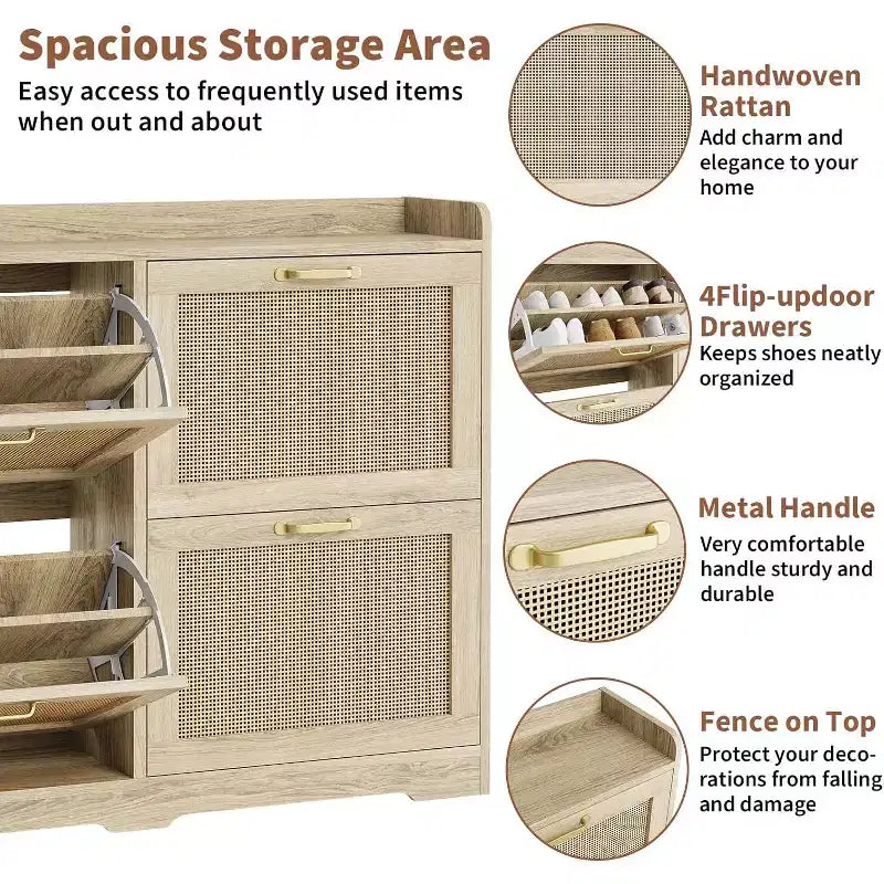 Acekool Scarpiera a 4 cassetti in Rattan Naturale con Cassetti a Scomparsa e Ripiani Regolabili per Ingresso Corridoio