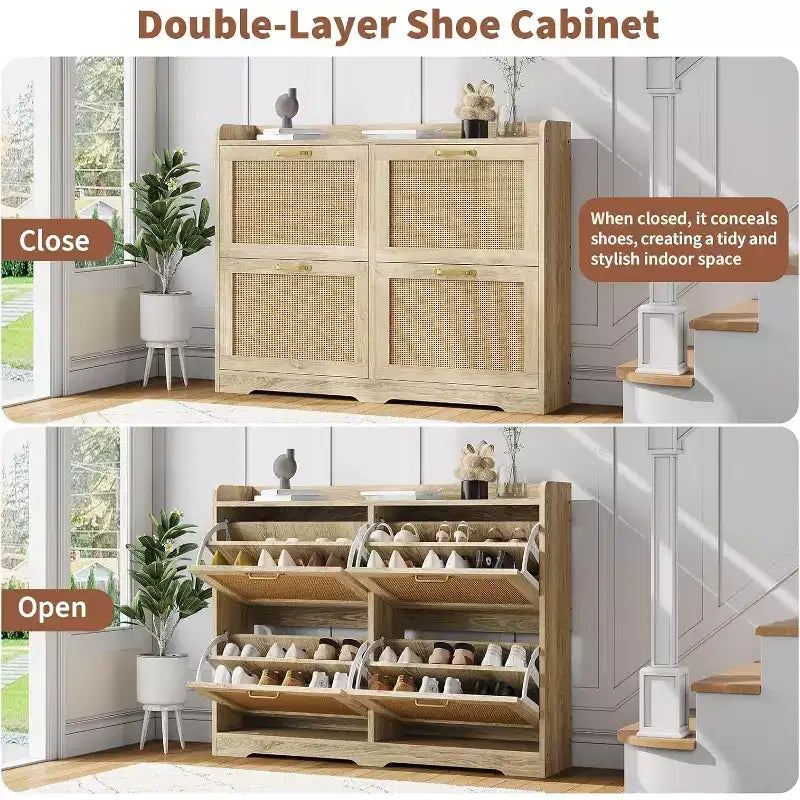 Acekool Scarpiera a 4 cassetti in Rattan Naturale con Cassetti a Scomparsa e Ripiani Regolabili per Ingresso Corridoio