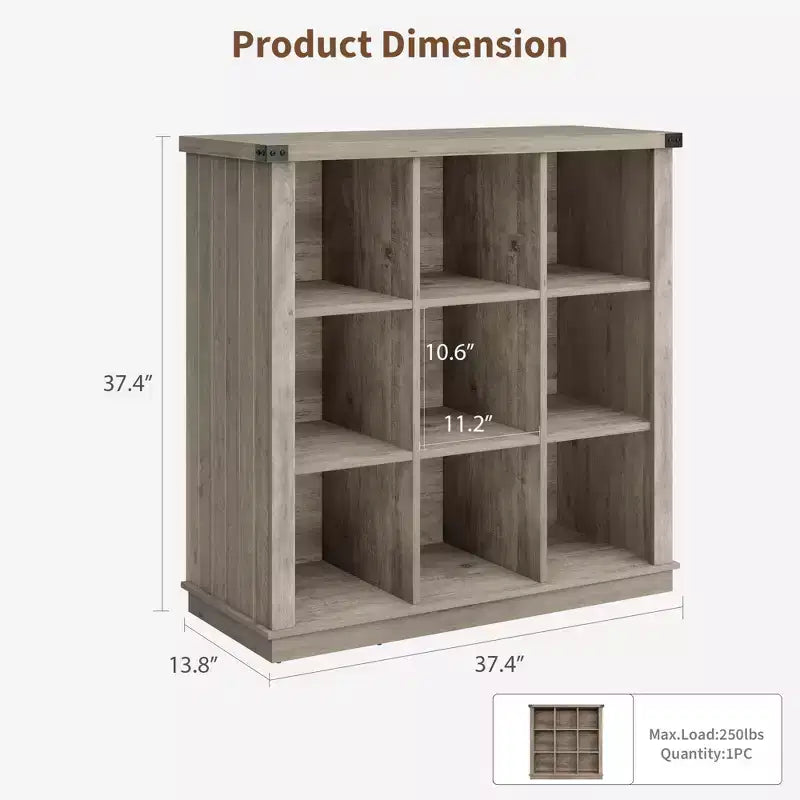 Libreria organizer a 9 cubi, libreria orizzontale a 4 ripiani stile rustico, libreria in legno da 95 cm per ingresso, librerie lunghe e basse