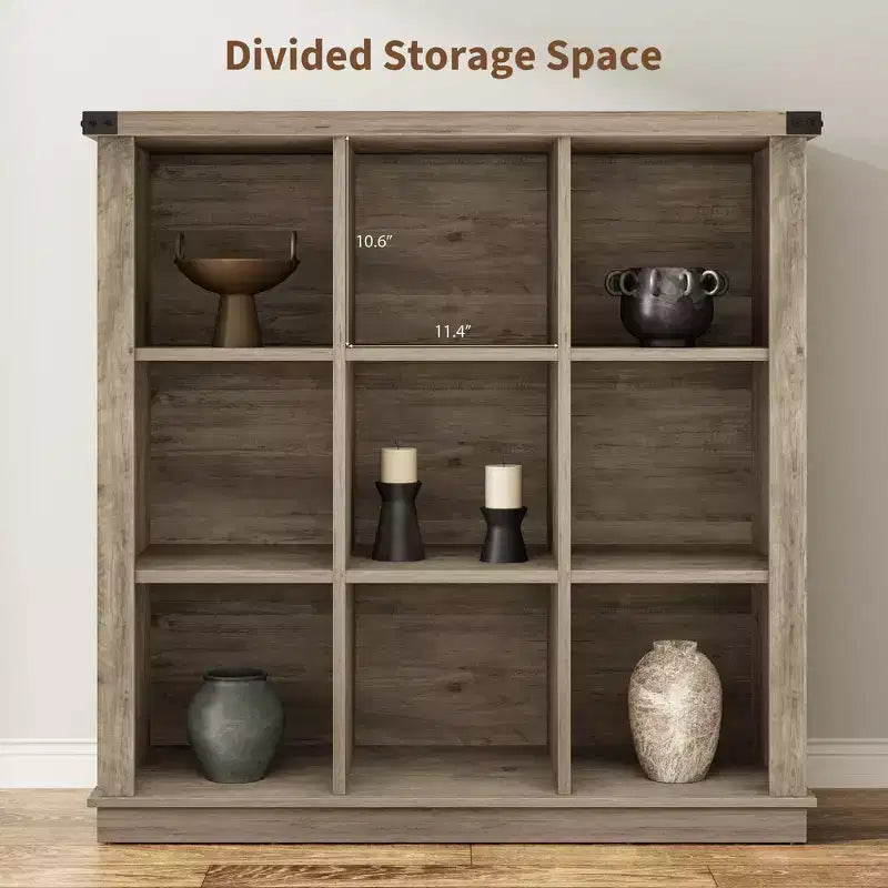 Libreria organizer a 9 cubi, libreria orizzontale a 4 ripiani stile rustico, libreria in legno da 95 cm per ingresso, librerie lunghe e basse