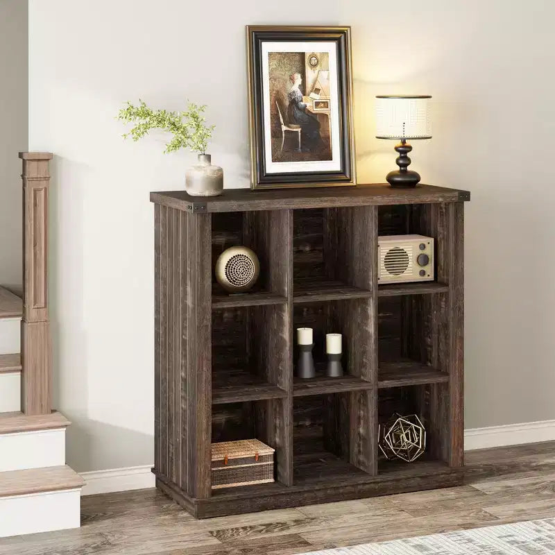 Libreria organizer a 9 cubi, libreria orizzontale a 4 ripiani stile rustico, libreria in legno da 95 cm per ingresso, librerie lunghe e basse