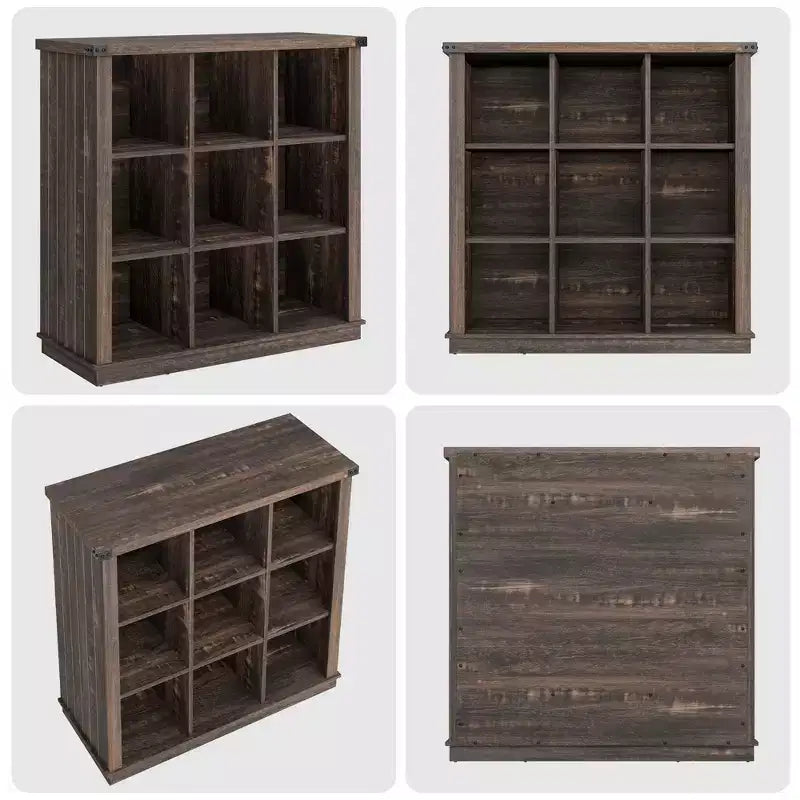 Libreria organizer a 9 cubi, libreria orizzontale a 4 ripiani stile rustico, libreria in legno da 95 cm per ingresso, librerie lunghe e basse