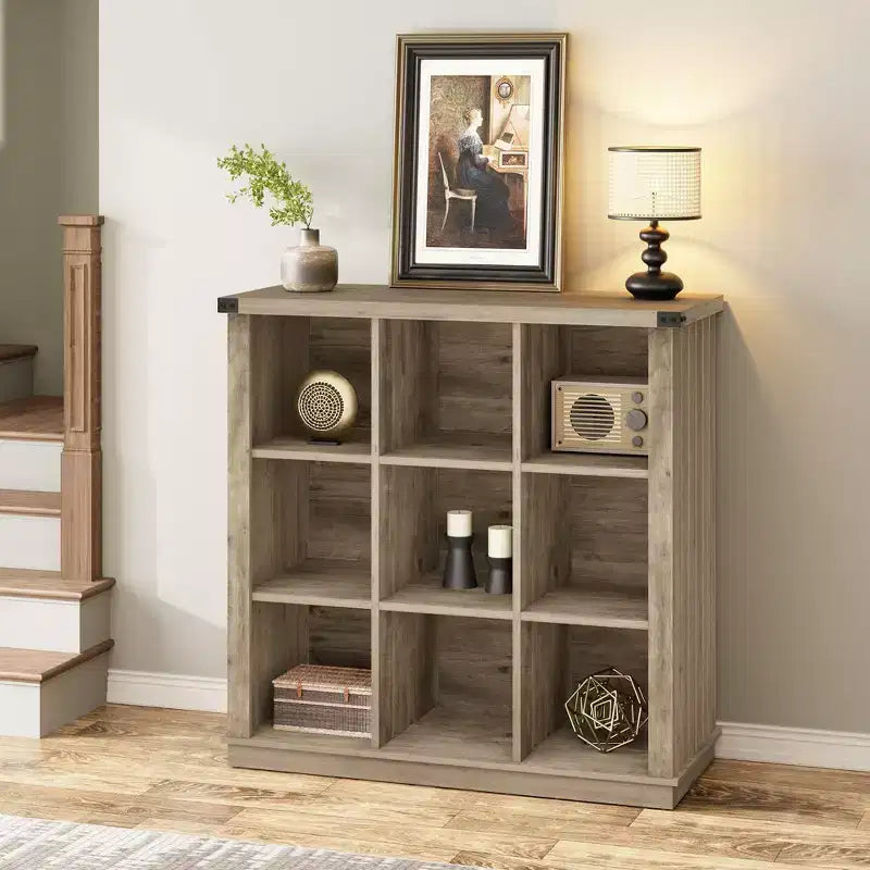 Libreria organizer a 9 cubi, libreria orizzontale a 4 ripiani stile rustico, libreria in legno da 95 cm per ingresso, librerie lunghe e basse