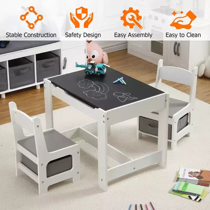 Set Tavolo e Sedie per Bambini, Tavolo Attività 3 in 1 per Bambini con Piano Rimovibile, Lavagna, Set Mobili per Bambini Piccoli da 3 Pezzi per Arte, Artigianato