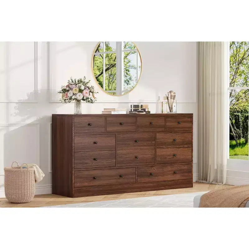 Cassettiera a 12 cassetti per camera da letto, cassettiera TV moderna da 155 cm con stazione di ricarica, cassettiera grande in legno per cameretta, armadio, soggiorno