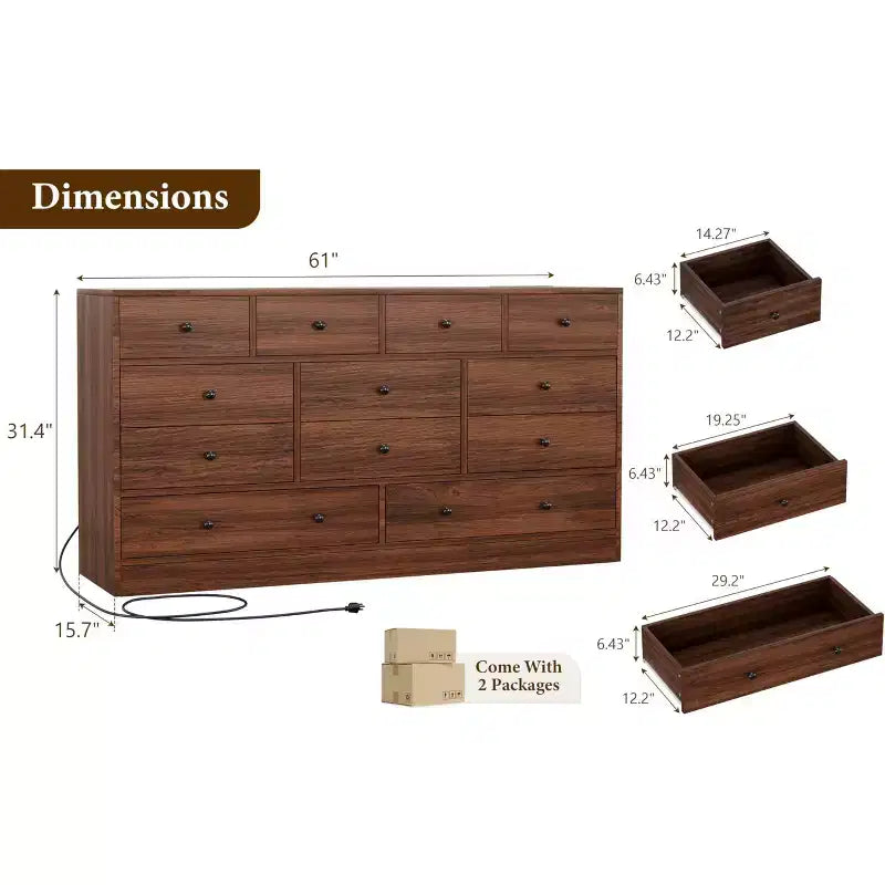 Cassettiera a 12 cassetti per camera da letto, cassettiera TV moderna da 155 cm con stazione di ricarica, cassettiera grande in legno per cameretta, armadio, soggiorno