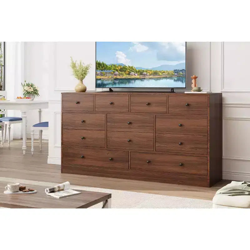 Cassettiera a 12 cassetti per camera da letto, cassettiera TV moderna da 155 cm con stazione di ricarica, cassettiera grande in legno per cameretta, armadio, soggiorno