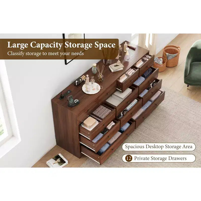 Cassettiera a 12 cassetti per camera da letto, cassettiera TV moderna da 155 cm con stazione di ricarica, cassettiera grande in legno per cameretta, armadio, soggiorno