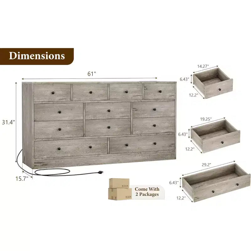 Cassettiera a 12 cassetti per camera da letto, cassettiera TV moderna da 155 cm con stazione di ricarica, cassettiera grande in legno per cameretta, armadio, soggiorno