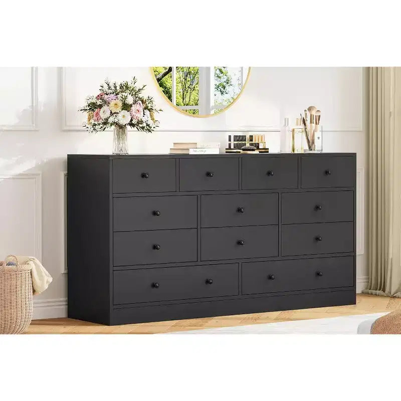 Cassettiera a 12 cassetti per camera da letto, cassettiera TV moderna da 155 cm con stazione di ricarica, cassettiera grande in legno per cameretta, armadio, soggiorno