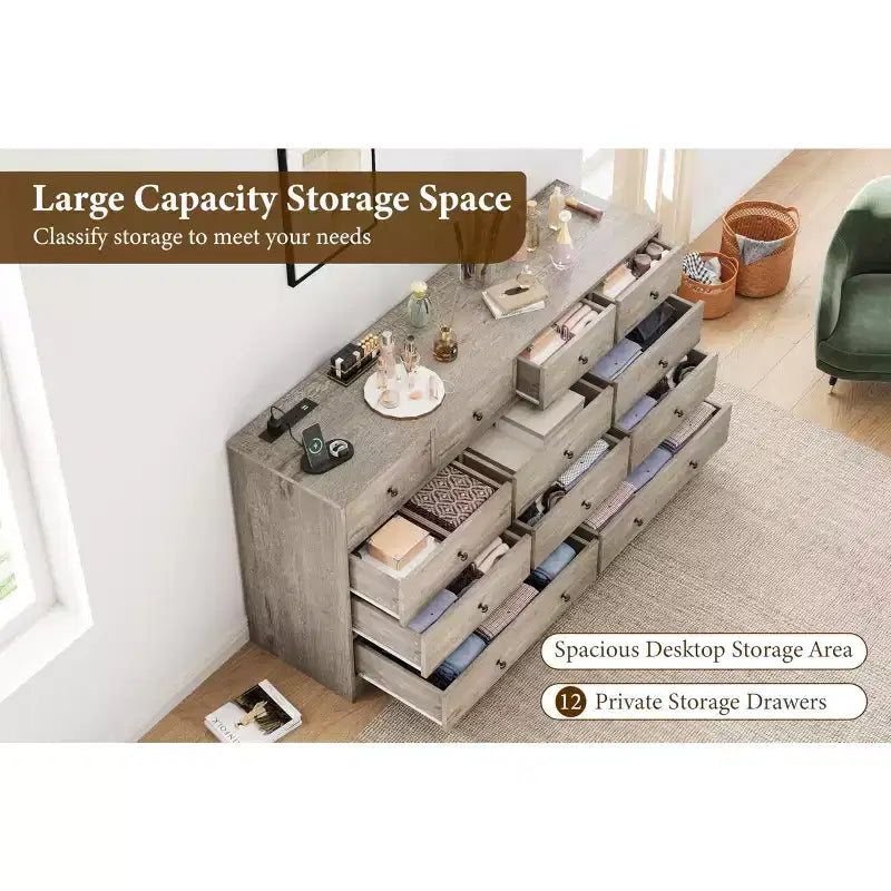 Cassettiera a 12 cassetti per camera da letto, cassettiera TV moderna da 155 cm con stazione di ricarica, cassettiera grande in legno per cameretta, armadio, soggiorno