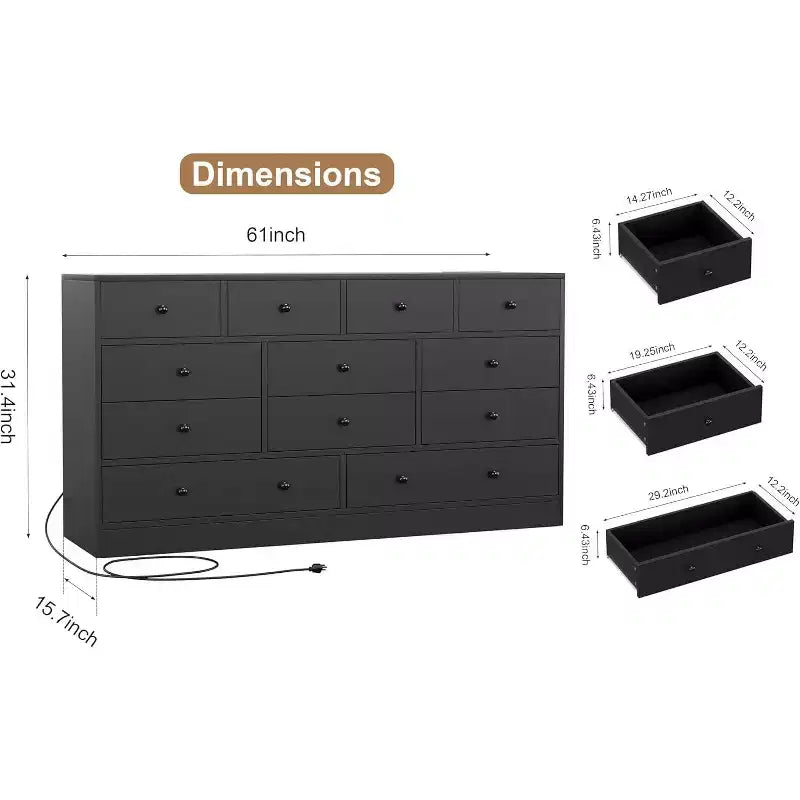 Cassettiera a 12 cassetti per camera da letto, cassettiera TV moderna da 155 cm con stazione di ricarica, cassettiera grande in legno per cameretta, armadio, soggiorno