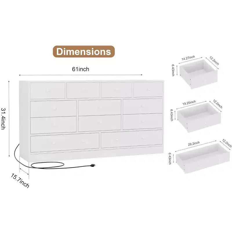 Cassettiera a 12 cassetti per camera da letto, cassettiera TV moderna da 155 cm con stazione di ricarica, cassettiera grande in legno per cameretta, armadio, soggiorno
