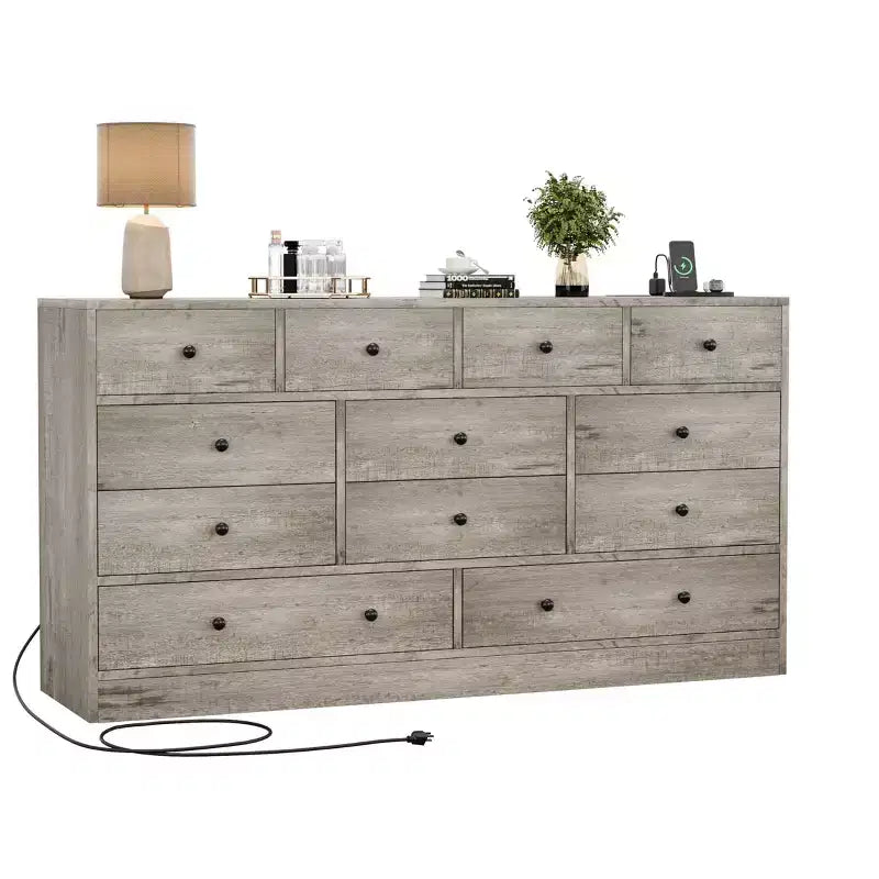 Cassettiera a 12 cassetti per camera da letto, cassettiera TV moderna da 155 cm con stazione di ricarica, cassettiera grande in legno per cameretta, armadio, soggiorno