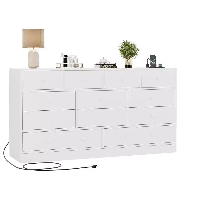 Cassettiera a 12 cassetti per camera da letto, cassettiera TV moderna da 155 cm con stazione di ricarica, cassettiera grande in legno per cameretta, armadio, soggiorno