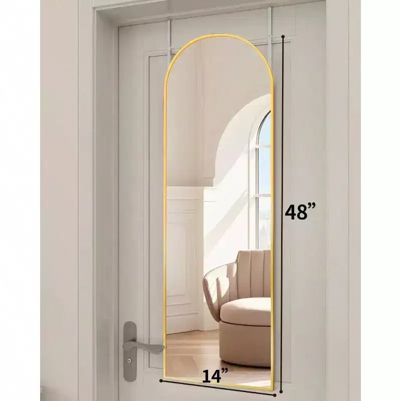 Specchio intero ad arco dorato, 122x35 cm. Antirottura, con cornice in alluminio per montaggio sopra la porta o a parete in qualsiasi stanza