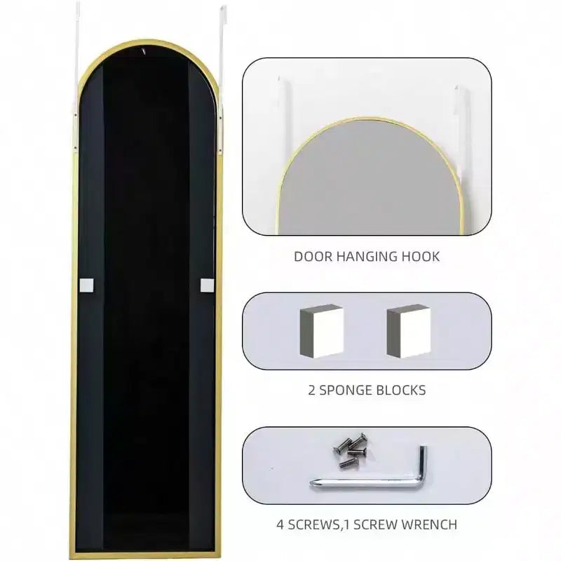 Specchio intero ad arco dorato, 122x35 cm. Antirottura, con cornice in alluminio per montaggio sopra la porta o a parete in qualsiasi stanza
