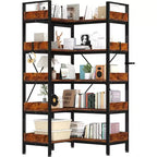 Acekool L Shaped 5 Tier Bookcase, Industrial Corner Bookshelf, Metal Frame, Adjustable Feet, for Living Room, Rustic Brown