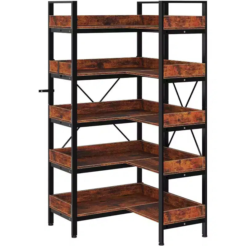 Libreria angolare a 5 ripiani Acekool, stile industriale, con struttura in metallo, piedini regolabili, per soggiorno, marrone rustico