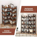 Libreria angolare a 5 ripiani Acekool, stile industriale, con struttura in metallo, piedini regolabili, per soggiorno, marrone rustico