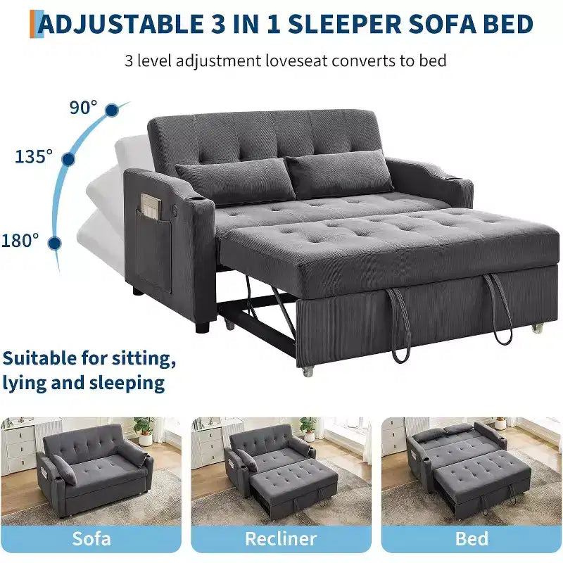 Divano Letto Convertibile, Divanetto Letto in Velluto a Coste con Letto Estraibile, Schienale Regolabile e Tasche Laterali, Divano Moderno Imbottito per Ufficio Domestico