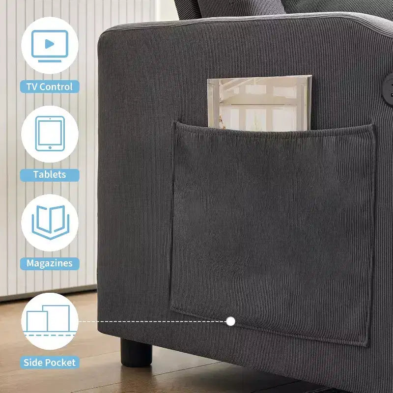 Divano Letto Convertibile, Divanetto Letto in Velluto a Coste con Letto Estraibile, Schienale Regolabile e Tasche Laterali, Divano Moderno Imbottito per Ufficio Domestico