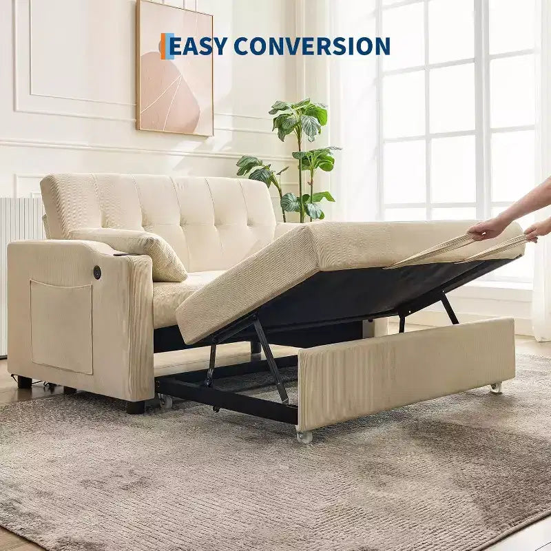 Divano Letto Convertibile, Divanetto Letto in Velluto a Coste con Letto Estraibile, Schienale Regolabile e Tasche Laterali, Divano Moderno Imbottito per Ufficio Domestico