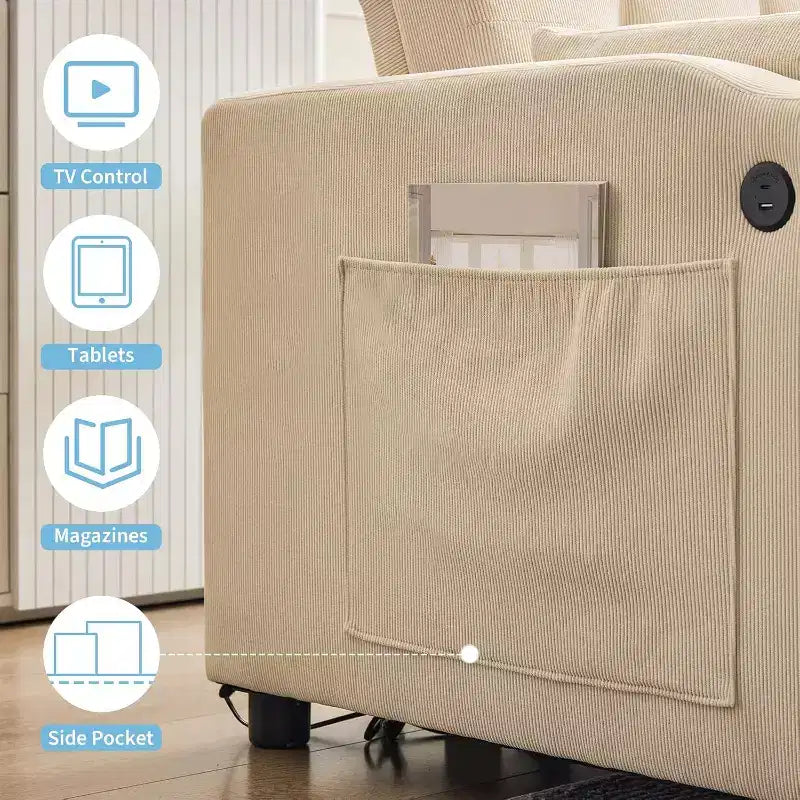 Divano Letto Convertibile, Divanetto Letto in Velluto a Coste con Letto Estraibile, Schienale Regolabile e Tasche Laterali, Divano Moderno Imbottito per Ufficio Domestico