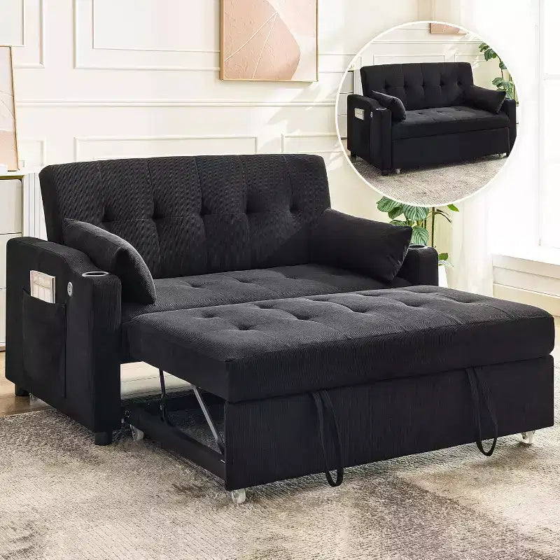 Divano Letto Convertibile, Divanetto Letto in Velluto a Coste con Letto Estraibile, Schienale Regolabile e Tasche Laterali, Divano Moderno Imbottito per Ufficio Domestico