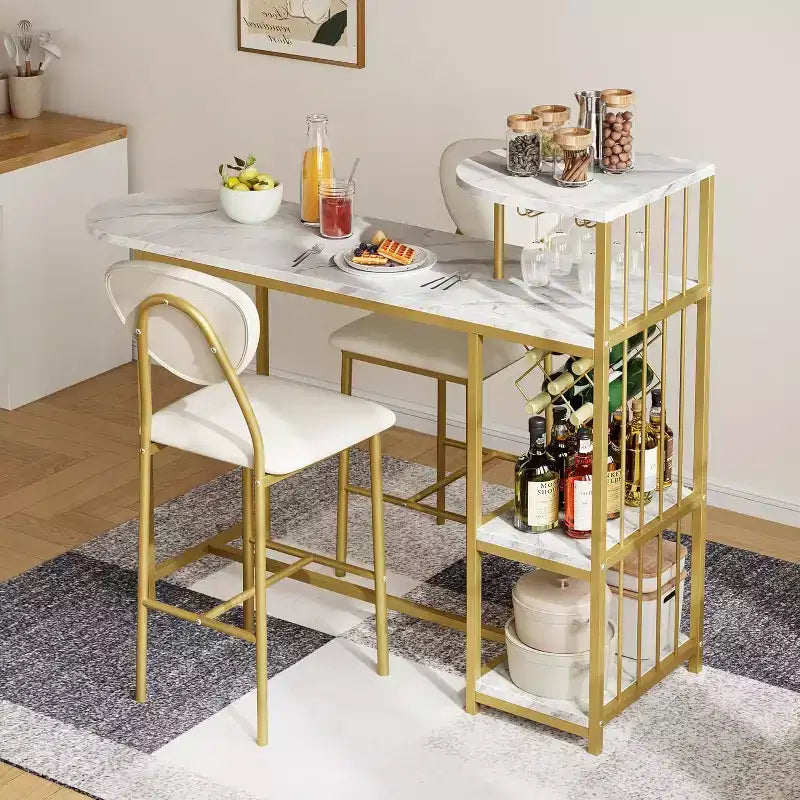 Set da pranzo espandibile a 3 pezzi per 2, con ripiani e portabottiglie. Tavolo e sedie per cucina piccola, appartamento, bar.
