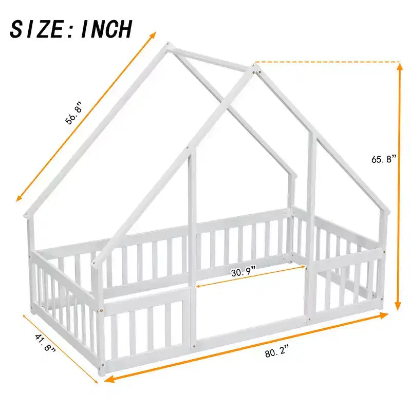 GDFStudio Dyras Letto a Pavimento Moderno a Forma di Casa in Legno con Recinzione e Sponde